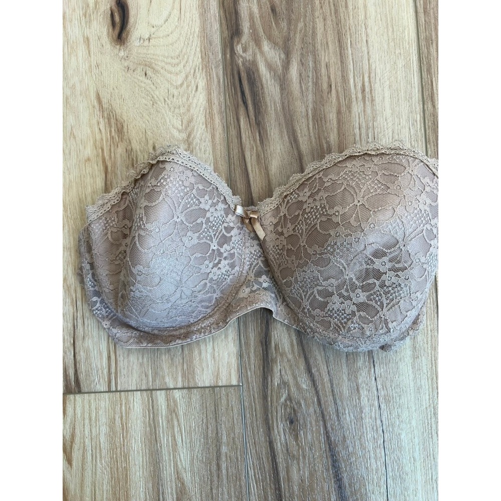Body Glamour Tan Lace Strapless Underwire Padded Bra 38D Nude Floral 110234‎